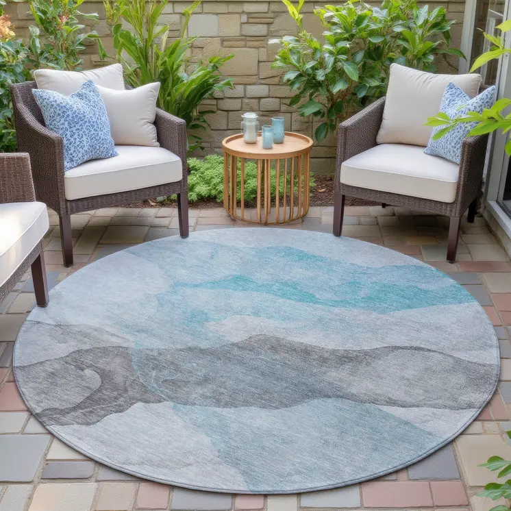 8' Teal Blue And Gray Round Abstract Washable Indoor Outdoor Area Rug