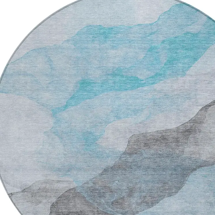 8' Teal Blue And Gray Round Abstract Washable Indoor Outdoor Area Rug