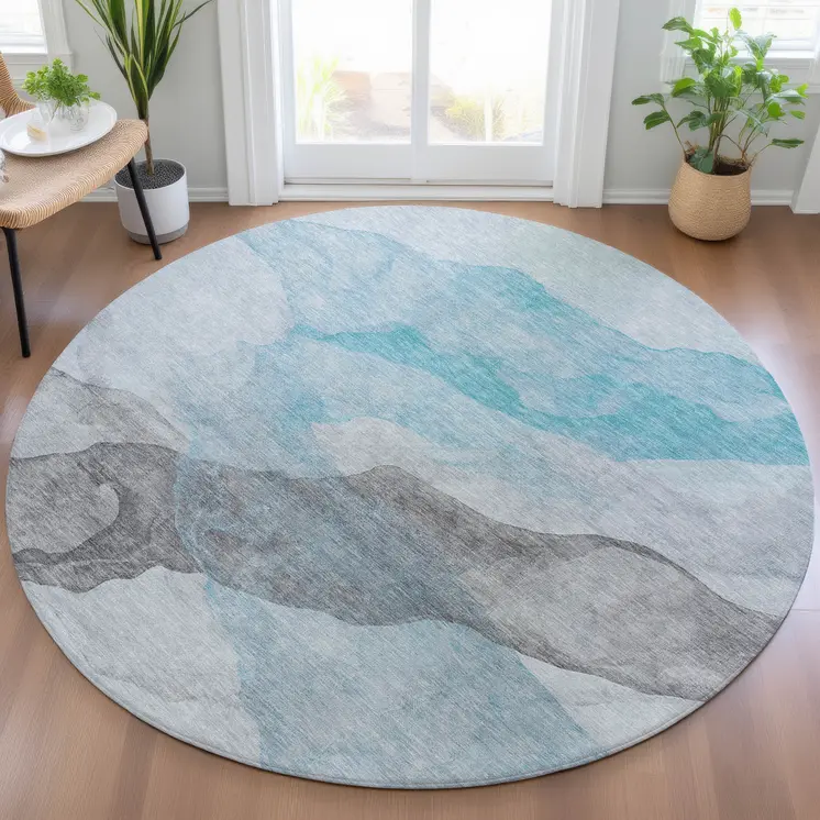 8' Teal Blue And Gray Round Abstract Washable Indoor Outdoor Area Rug