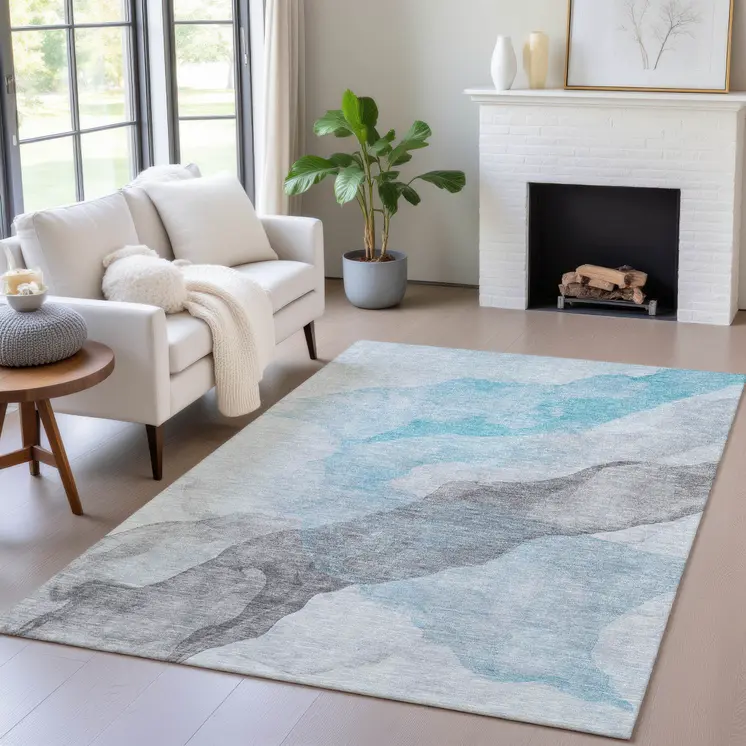 10' X 14' Teal Blue And Gray Abstract Washable Indoor Outdoor Area Rug