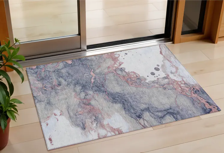 3' X 5' Blush And Gray Abstract Washable Indoor Outdoor Area Rug