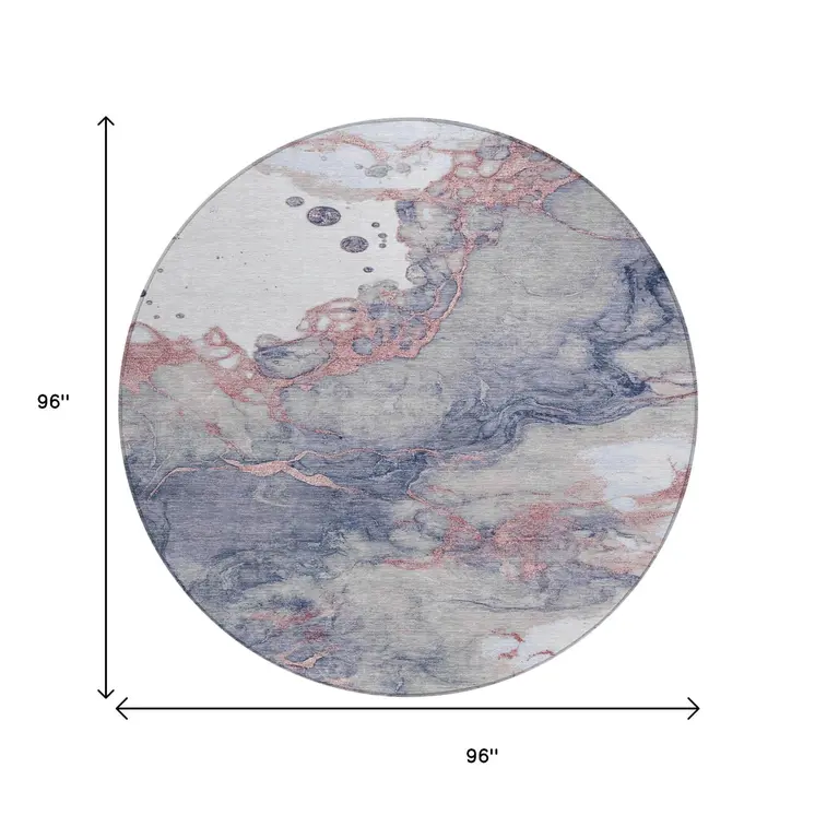 8' Blush And Gray Round Abstract Washable Indoor Outdoor Area Rug