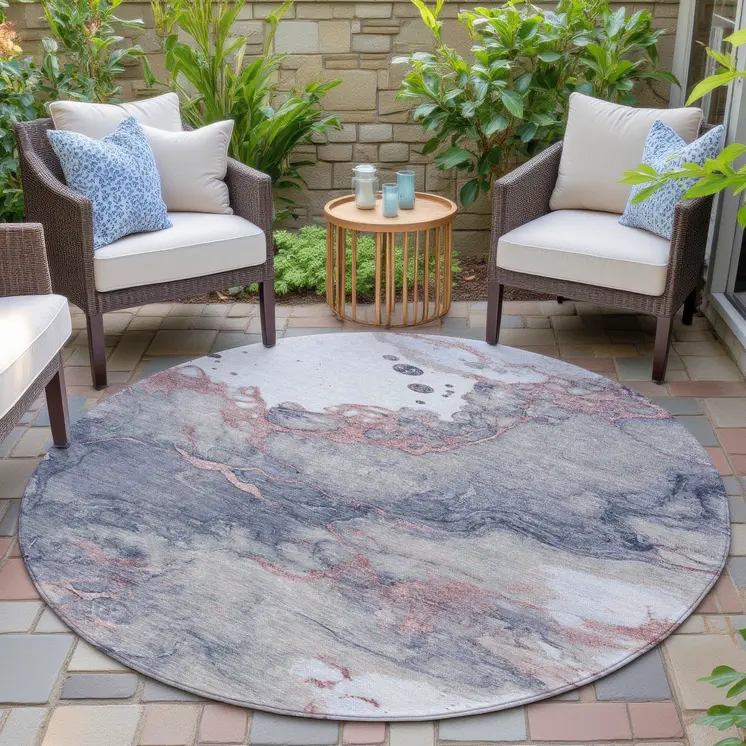 8' Blush And Gray Round Abstract Washable Indoor Outdoor Area Rug