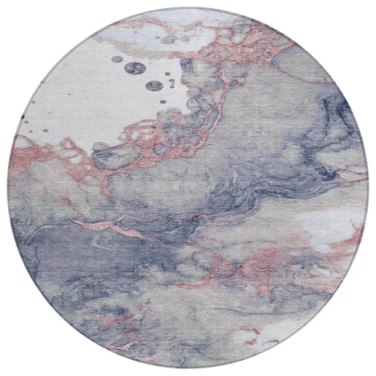8' Blush And Gray Round Abstract Washable Indoor Outdoor Area Rug