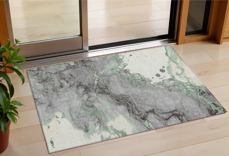 3' X 5' Green And Gray Abstract Washable Indoor Outdoor Area Rug
