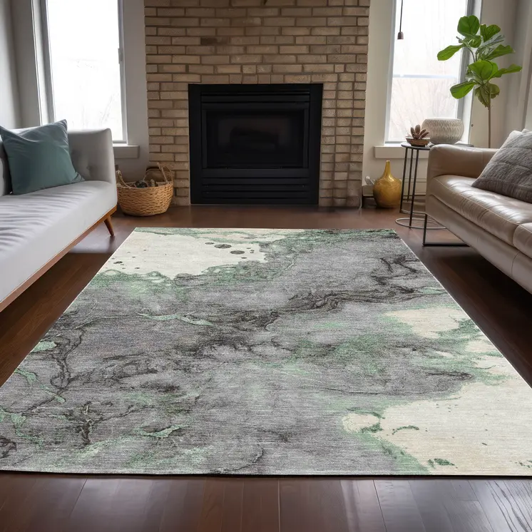 3' X 5' Green And Gray Abstract Washable Indoor Outdoor Area Rug