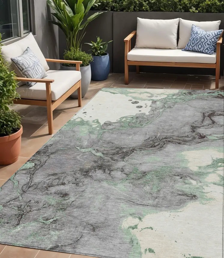 5' X 8' Green And Gray Abstract Washable Indoor Outdoor Area Rug