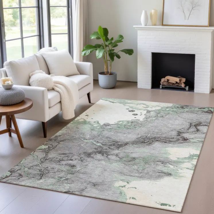 5' X 8' Green And Gray Abstract Washable Indoor Outdoor Area Rug