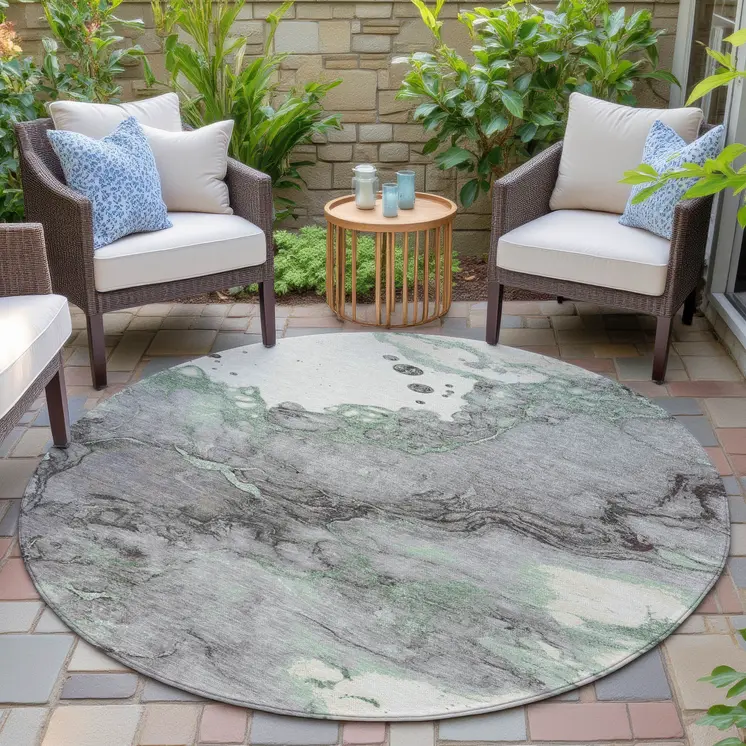 8' Green And Gray Round Abstract Washable Indoor Outdoor Area Rug