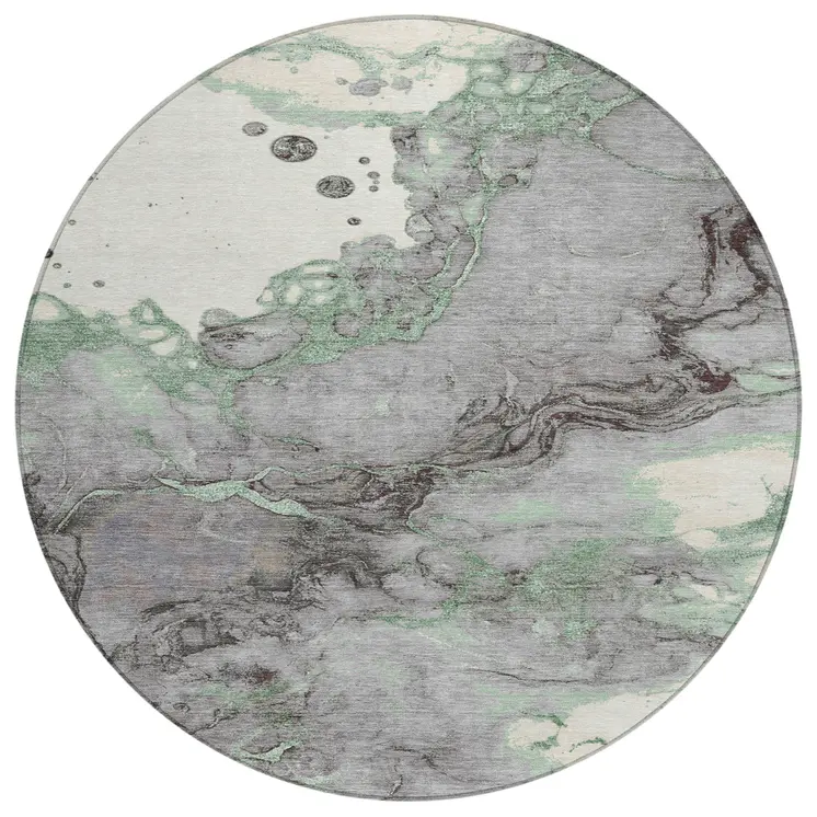 8' Green And Gray Round Abstract Washable Indoor Outdoor Area Rug