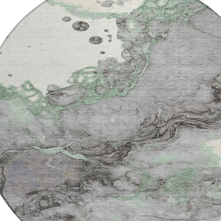 8' Green And Gray Round Abstract Washable Indoor Outdoor Area Rug