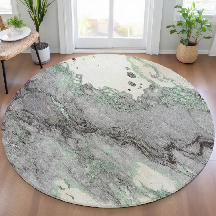 8' Green And Gray Round Abstract Washable Indoor Outdoor Area Rug