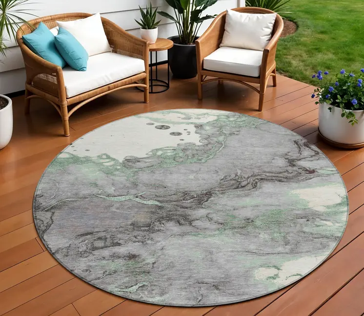 8' Green And Gray Round Abstract Washable Indoor Outdoor Area Rug