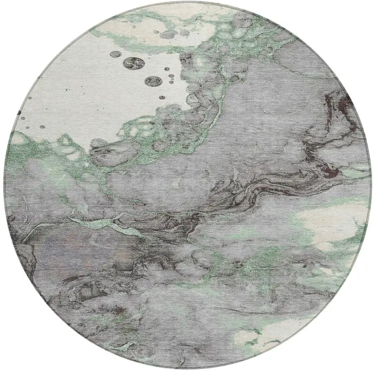 8' Green And Gray Round Abstract Washable Indoor Outdoor Area Rug