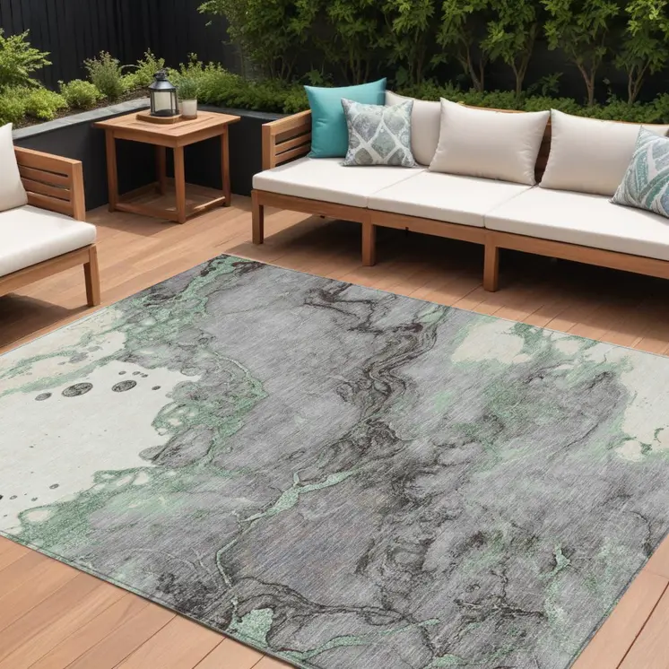 8' X 10' Green And Gray Abstract Washable Indoor Outdoor Area Rug