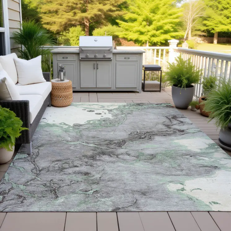 8' X 10' Green And Gray Abstract Washable Indoor Outdoor Area Rug