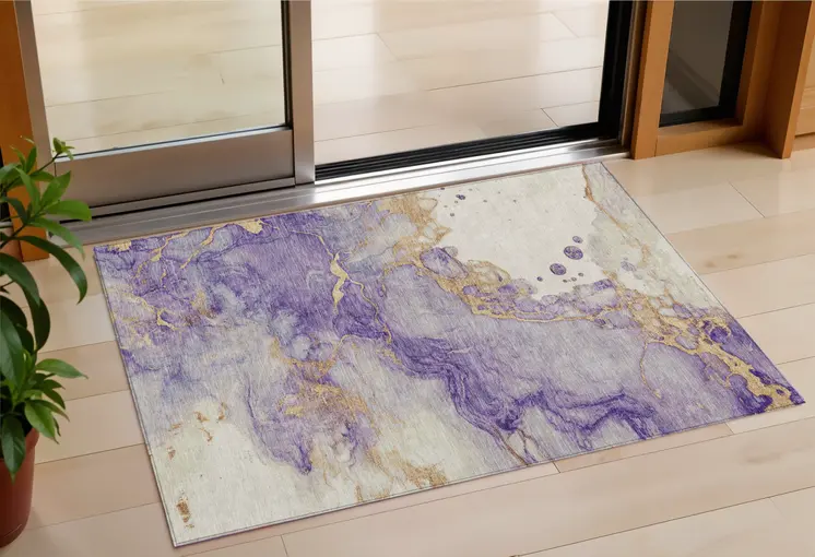 3' X 5' Purple And Gold Abstract Washable Indoor Outdoor Area Rug