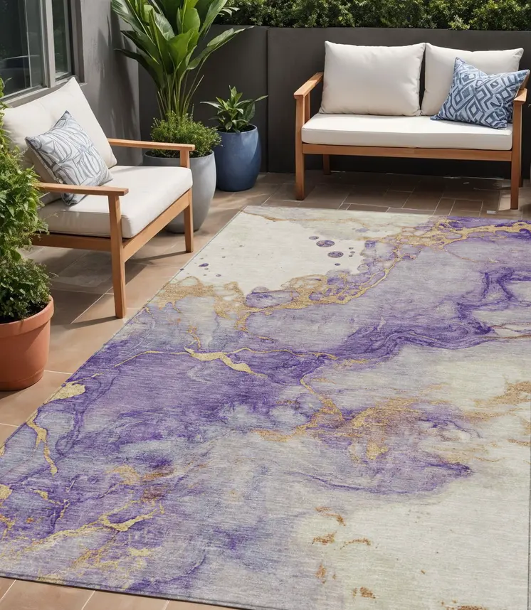 5' X 8' Purple And Gold Abstract Washable Indoor Outdoor Area Rug