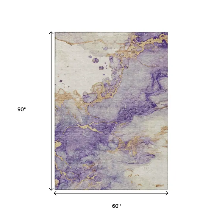 5' X 8' Purple And Gold Abstract Washable Indoor Outdoor Area Rug