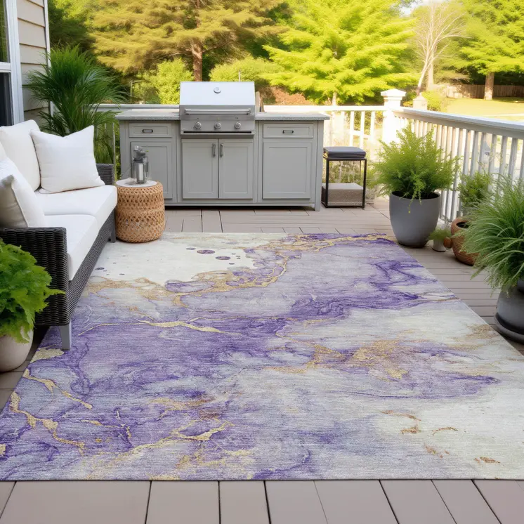 5' X 8' Purple And Gold Abstract Washable Indoor Outdoor Area Rug