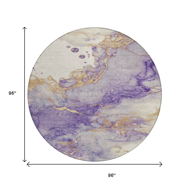 8' Purple And Gold Round Abstract Washable Indoor Outdoor Area Rug
