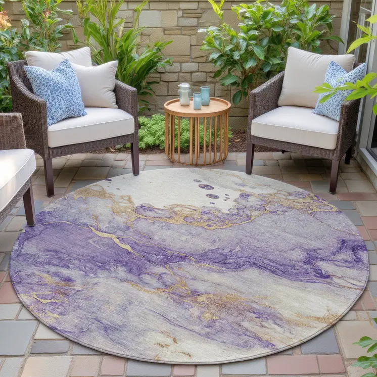 8' Purple And Gold Round Abstract Washable Indoor Outdoor Area Rug
