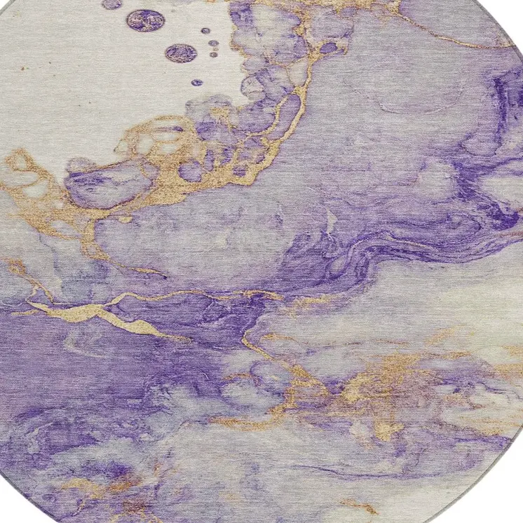 8' Purple And Gold Round Abstract Washable Indoor Outdoor Area Rug