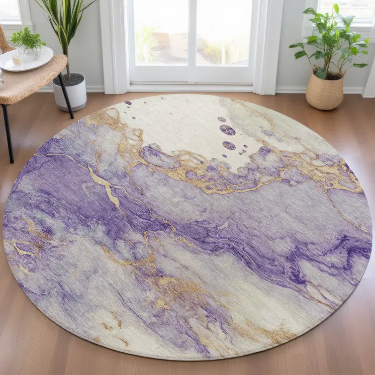 8' Purple And Gold Round Abstract Washable Indoor Outdoor Area Rug