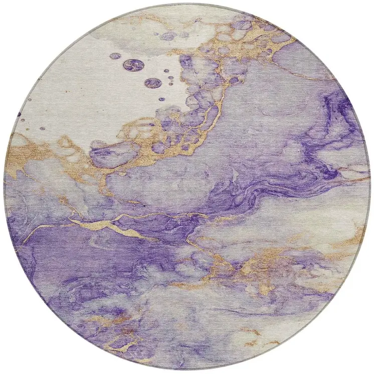 8' Purple And Gold Round Abstract Washable Indoor Outdoor Area Rug