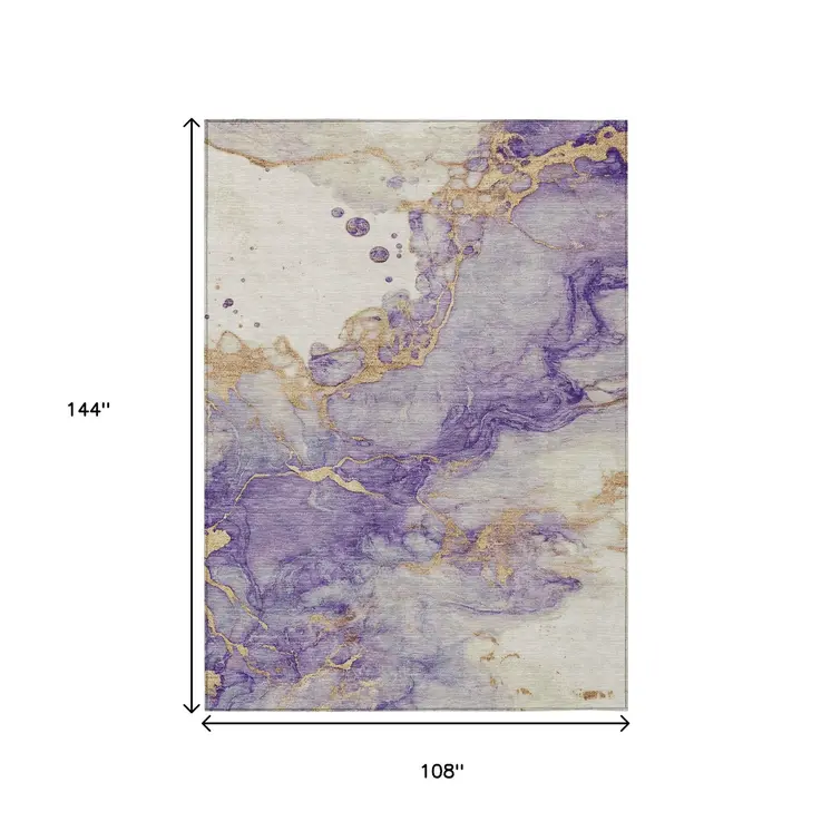 9' X 12' Purple And Gold Abstract Washable Indoor Outdoor Area Rug