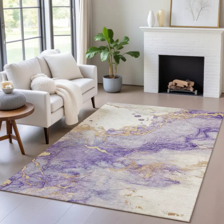 9' X 12' Purple And Gold Abstract Washable Indoor Outdoor Area Rug
