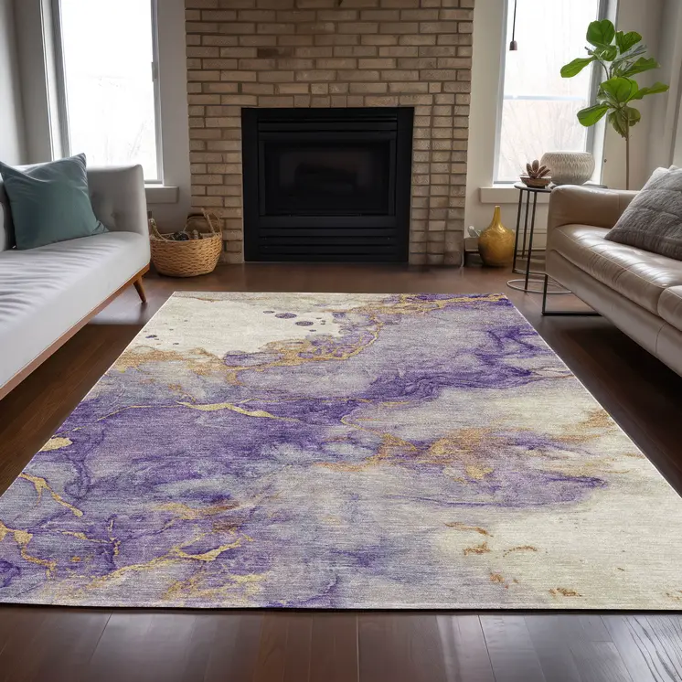 9' X 12' Purple And Gold Abstract Washable Indoor Outdoor Area Rug