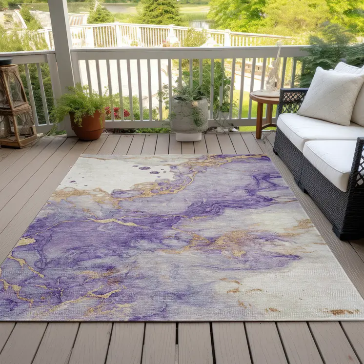 9' X 12' Purple And Gold Abstract Washable Indoor Outdoor Area Rug