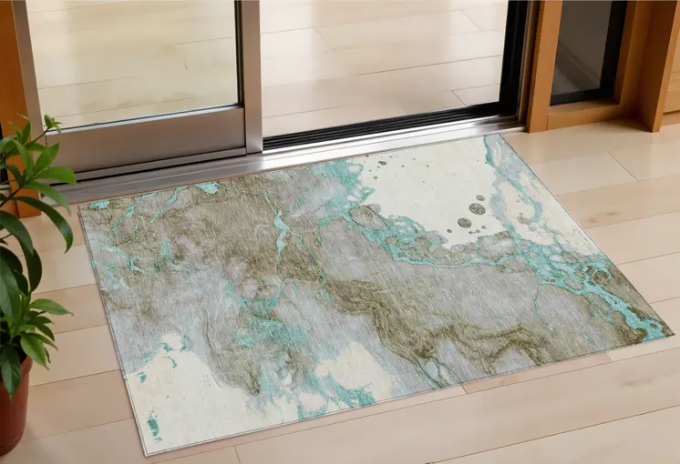 3' X 5' Teal Blue And Brown Abstract Washable Indoor Outdoor Area Rug