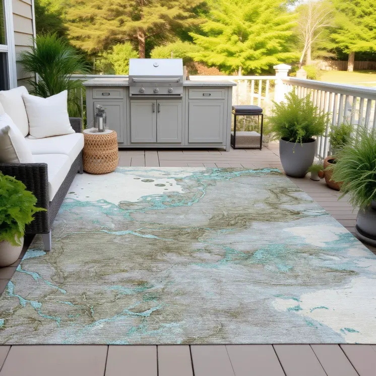 3' X 5' Teal Blue And Brown Abstract Washable Indoor Outdoor Area Rug
