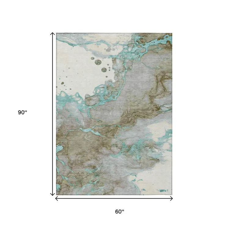 5' X 8' Teal Blue And Brown Abstract Washable Indoor Outdoor Area Rug
