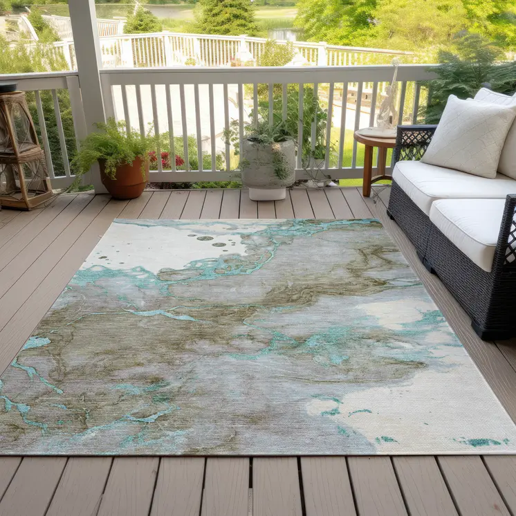 5' X 8' Teal Blue And Brown Abstract Washable Indoor Outdoor Area Rug