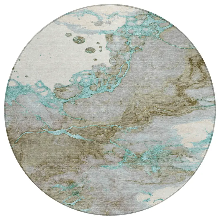 8' Teal Blue And Brown Round Abstract Washable Indoor Outdoor Area Rug