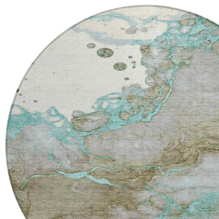 8' Teal Blue And Brown Round Abstract Washable Indoor Outdoor Area Rug