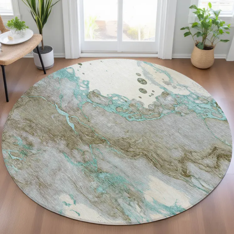 8' Teal Blue And Brown Round Abstract Washable Indoor Outdoor Area Rug