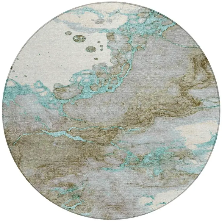 8' Teal Blue And Brown Round Abstract Washable Indoor Outdoor Area Rug