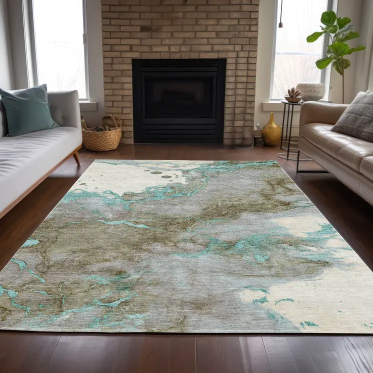 8' X 10' Teal Blue And Brown Abstract Washable Indoor Outdoor Area Rug