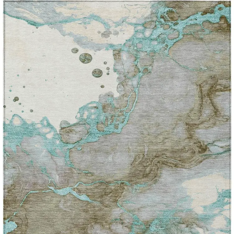 10' X 14' Teal Blue And Brown Abstract Washable Indoor Outdoor Area Rug
