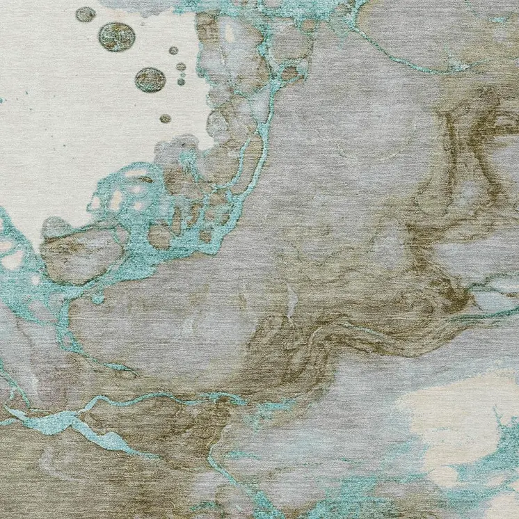 10' X 14' Teal Blue And Brown Abstract Washable Indoor Outdoor Area Rug