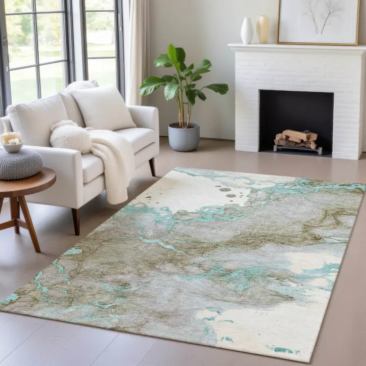10' X 14' Teal Blue And Brown Abstract Washable Indoor Outdoor Area Rug