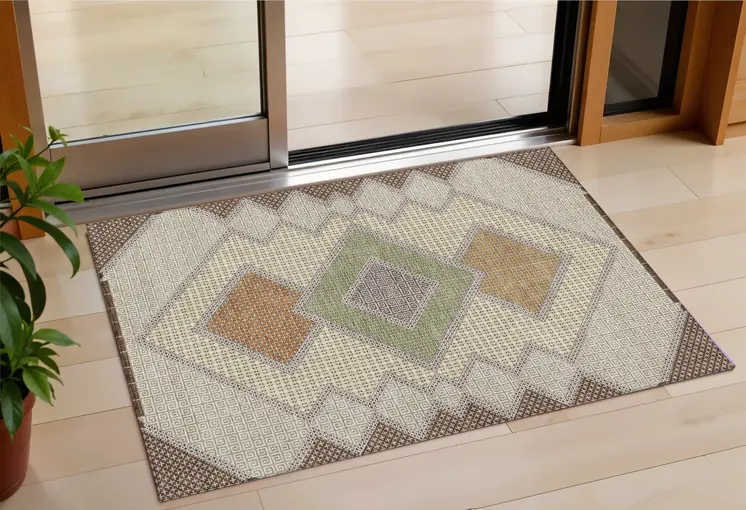 3' X 5' Brown Copper And Fern Green Geometric Washable Indoor Outdoor Area Rug