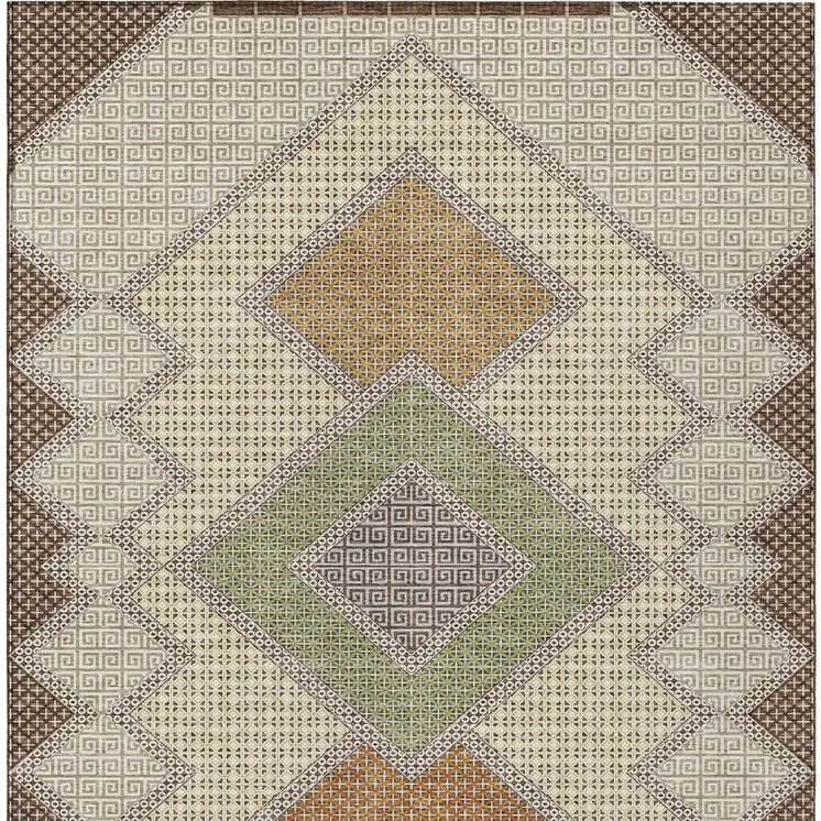 3' X 5' Brown Copper And Fern Green Geometric Washable Indoor Outdoor Area Rug