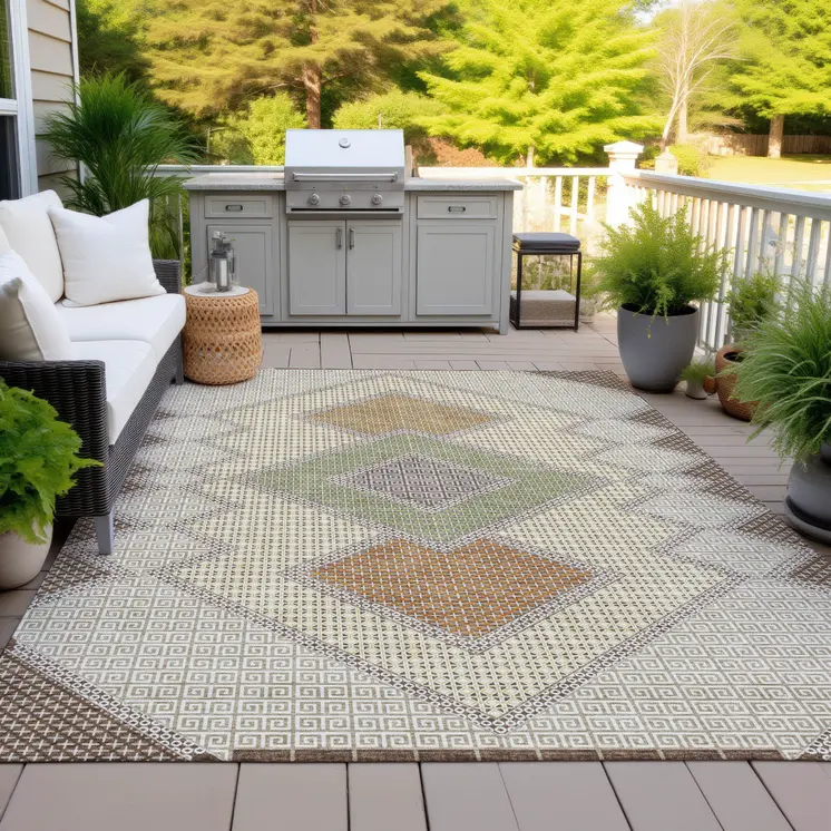3' X 5' Brown Copper And Fern Green Geometric Washable Indoor Outdoor Area Rug