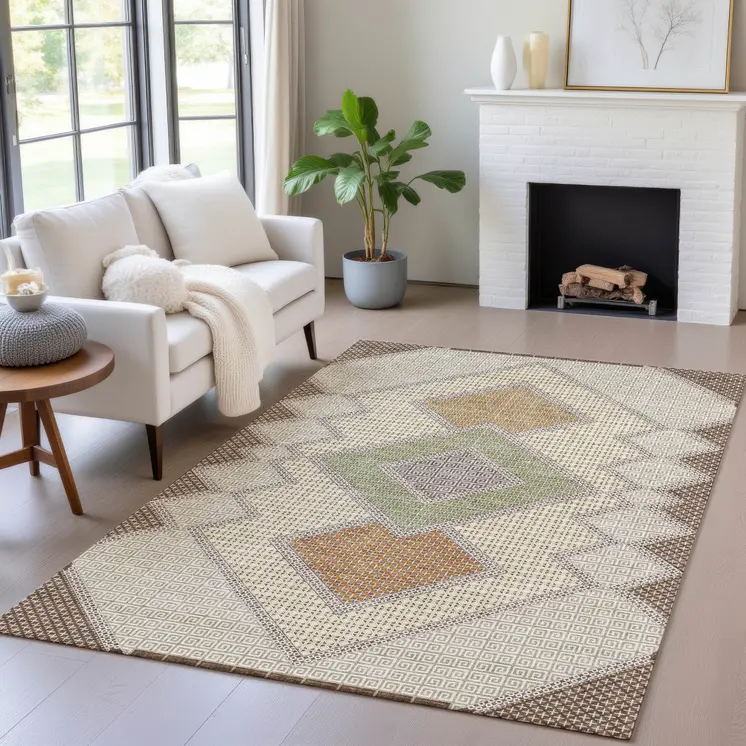 3' X 5' Brown Copper And Fern Green Geometric Washable Indoor Outdoor Area Rug