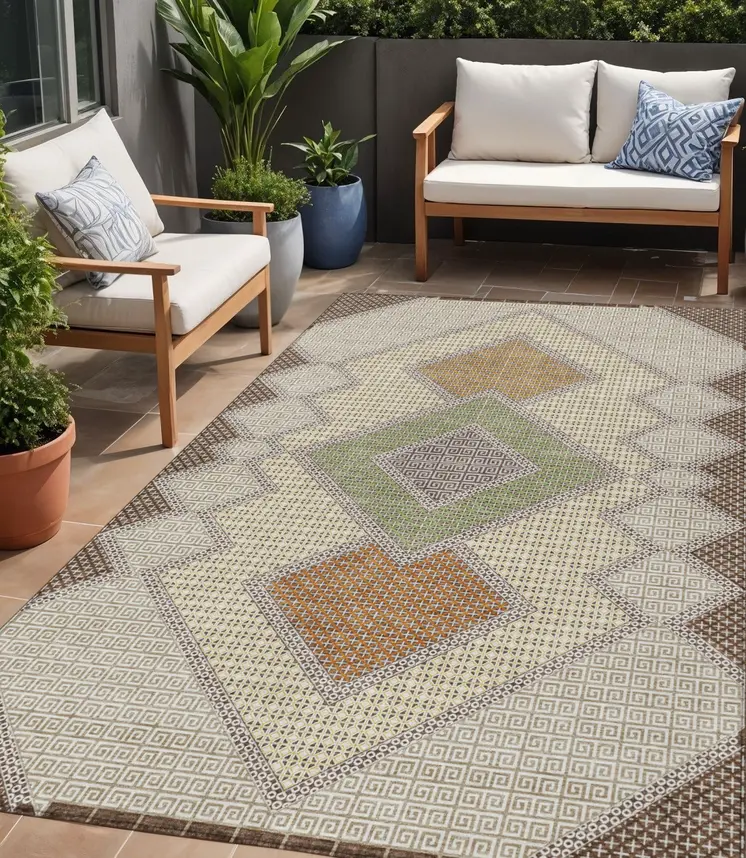 5' X 8' Brown Copper And Fern Green Geometric Washable Indoor Outdoor Area Rug